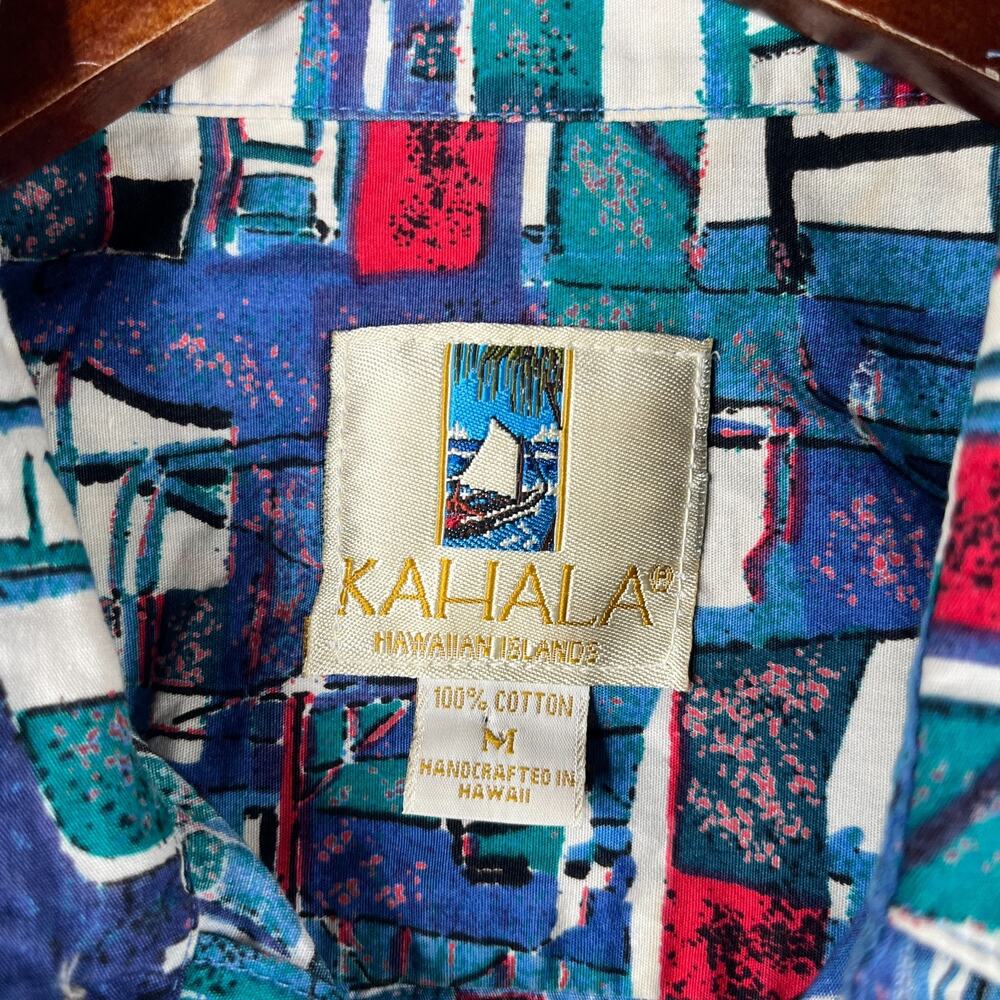 Kahala Hawaiian Short Sleeve Button Up Shirt Mens Medium Geometric Boat Print - Picture 4 of 8